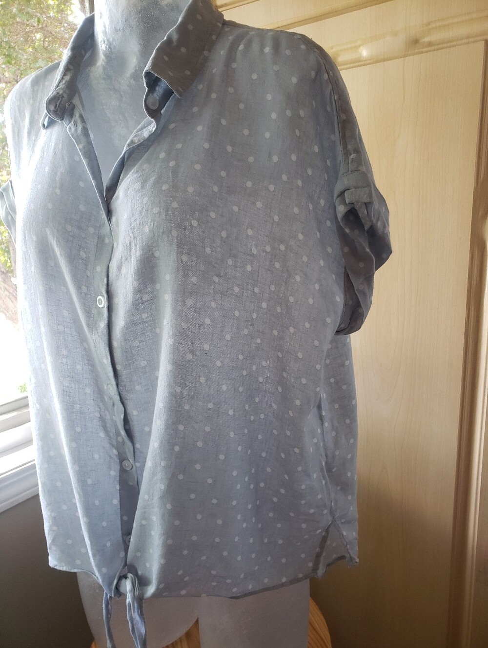 JACHS Girlfriend Light Gray Polka Dot  Linen-Blend Blouse